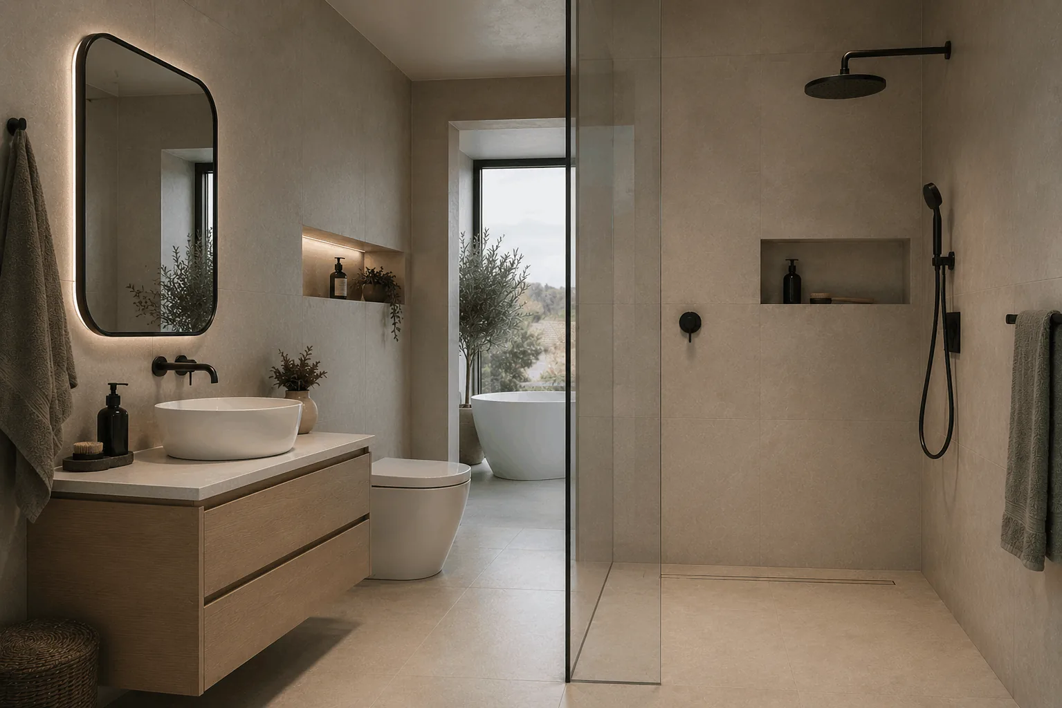 Contemporary Laxe bathroom with timber vanity, illuminated mirror and walk-in shower