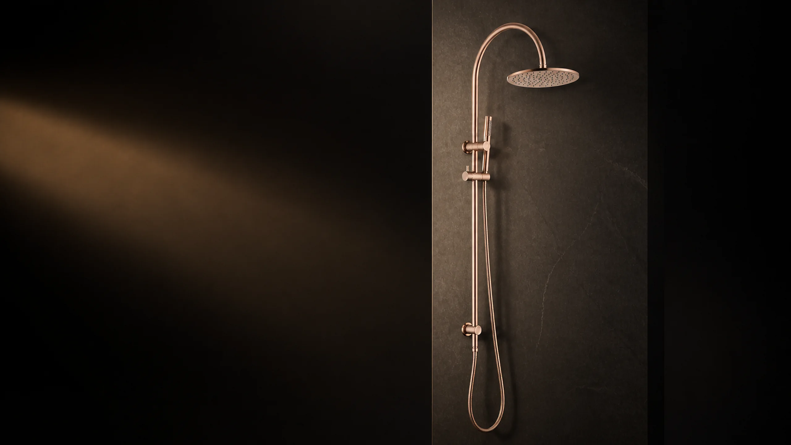 Noxara overhead rain shower system in brushed coffee gold