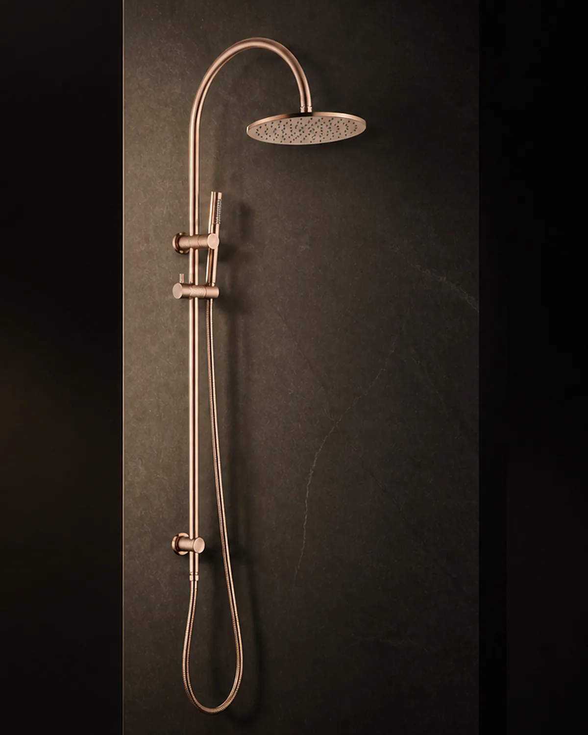 Noxara overhead rain shower system in brushed coffee gold