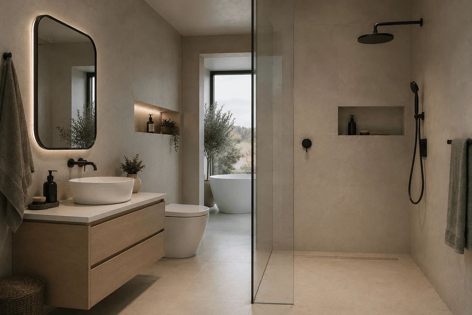 Architectural bathroom with illuminated mirror and dark tapware