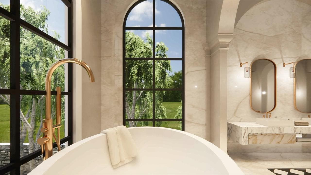 Laxe bathroom interior featuring stone, glass and brass